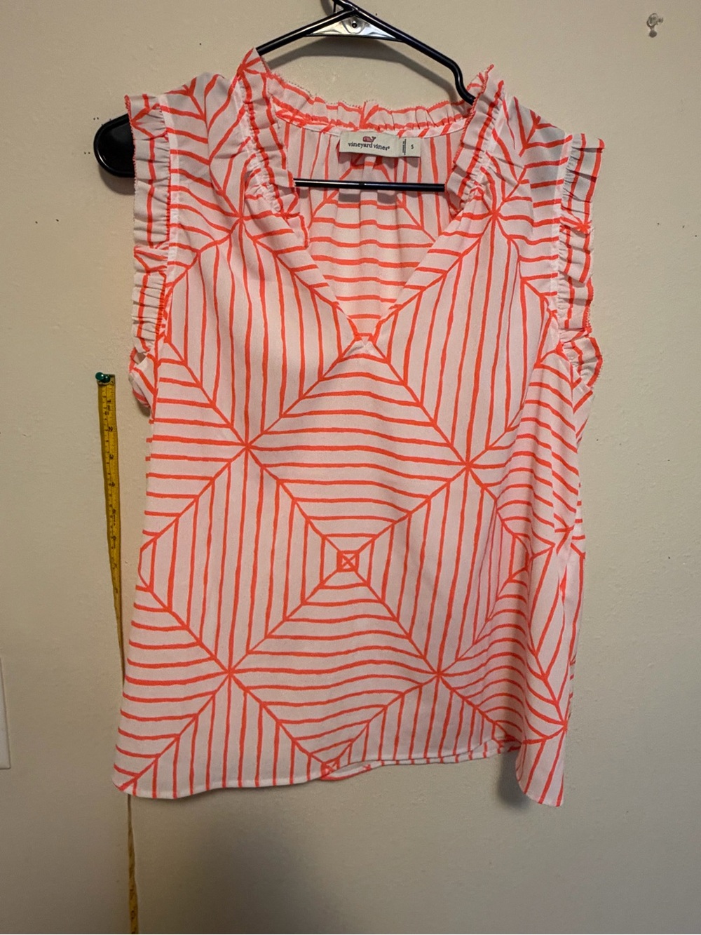 Vineyard Vines Coral White Geo Stripe Ruffle Sleeveless Top